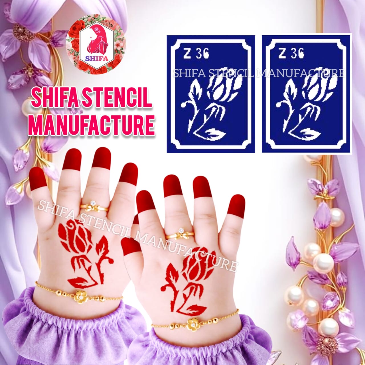 Z 36 Graceful Rosebud with Stem Stencil Sticker overview Henna Stencil - Shifa Stencil
